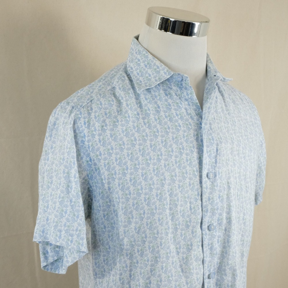 David Donahue Medium 100% Linen Shirt Blue Seahorse Print Short Sleeve Mens